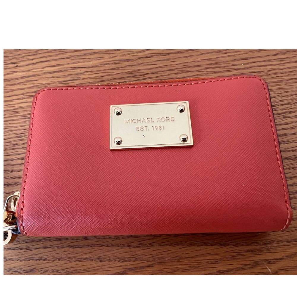 Michael Kors Wallet EST 1981 Orange Leather Small Zip Around Wristlet Wallet